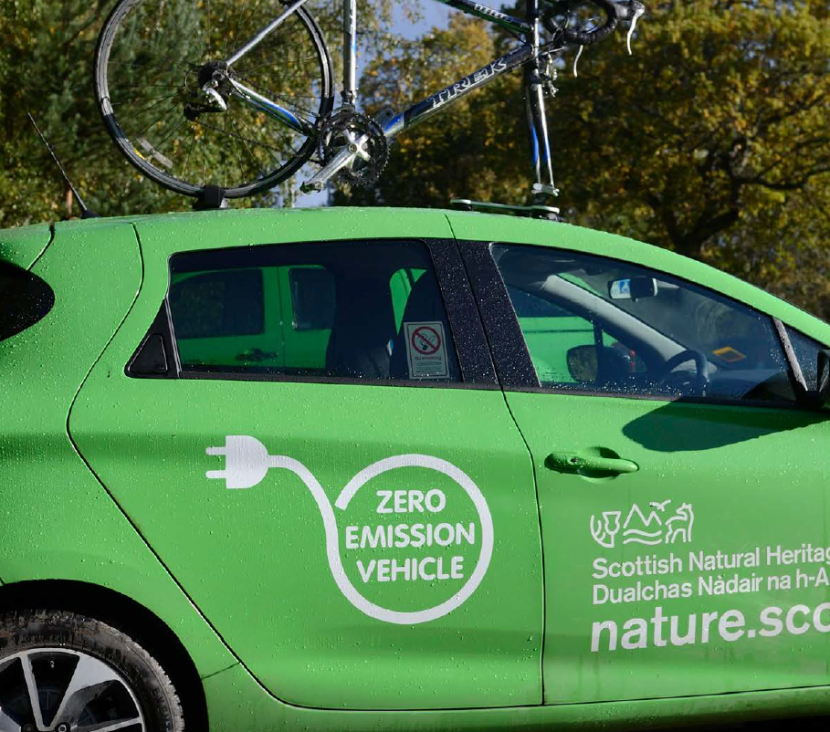 NatureScot Electric vehicle with a bicycle rack, Great Glen House.