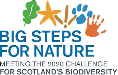 The Logo signifies a project linked to the ‘Scottish Biodiversity Strategy: a Route Map to 2020’ and reads ‘Big Steps for Nature: Meeting the 2020 Challenge for Scotland’s Biodiversity’