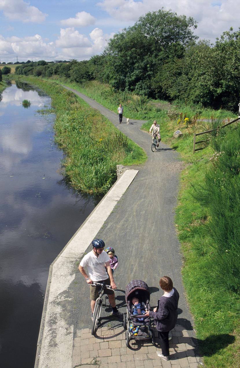 Cyclists walkers and a mother with a pushchair on a Canal towpath at Bishopbriggs.