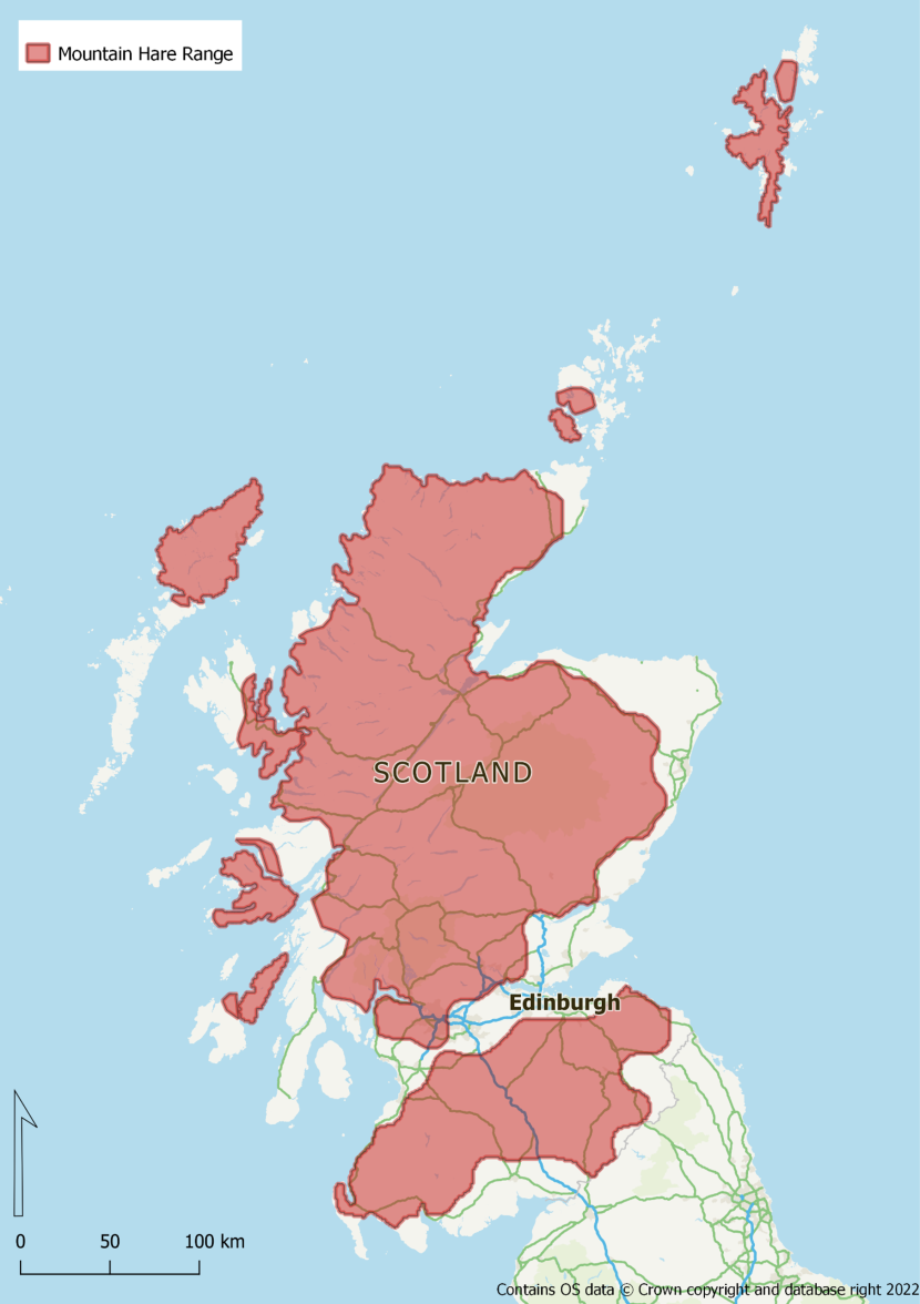 Map showing the range of mountain hare in Scotland