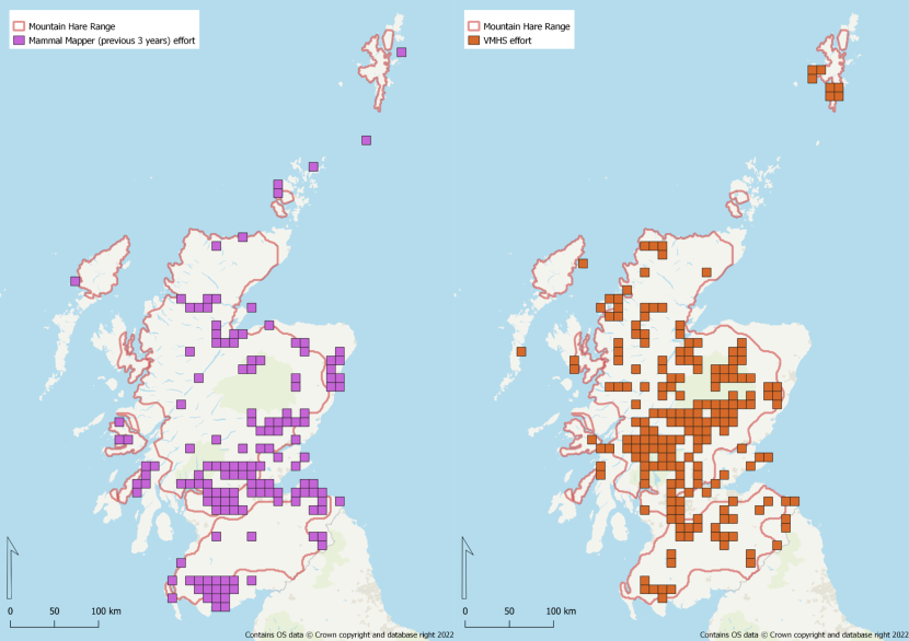 Two maps showing the distribution of survey effort for mountain hares
