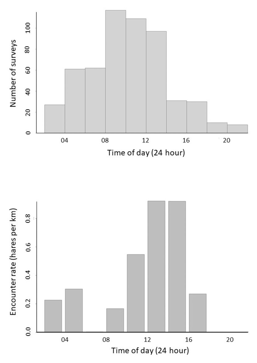 Graph showing the variation over survey start times in number of surveys carried out and mean hare encounter rate