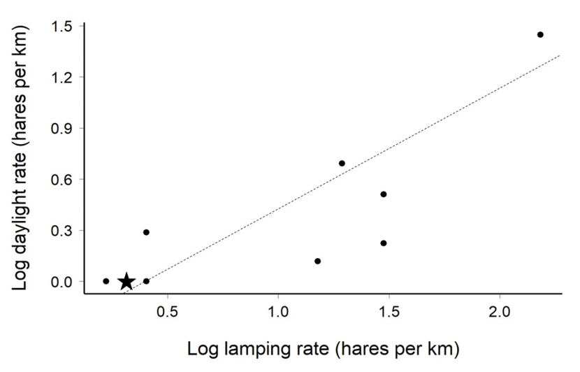 Graph illustrating the positive relationship between relative abundance of mountain hares from 10 tetrads as assessed by two kinds of survey: night-time lamping surveys and day-time Hare Square counts