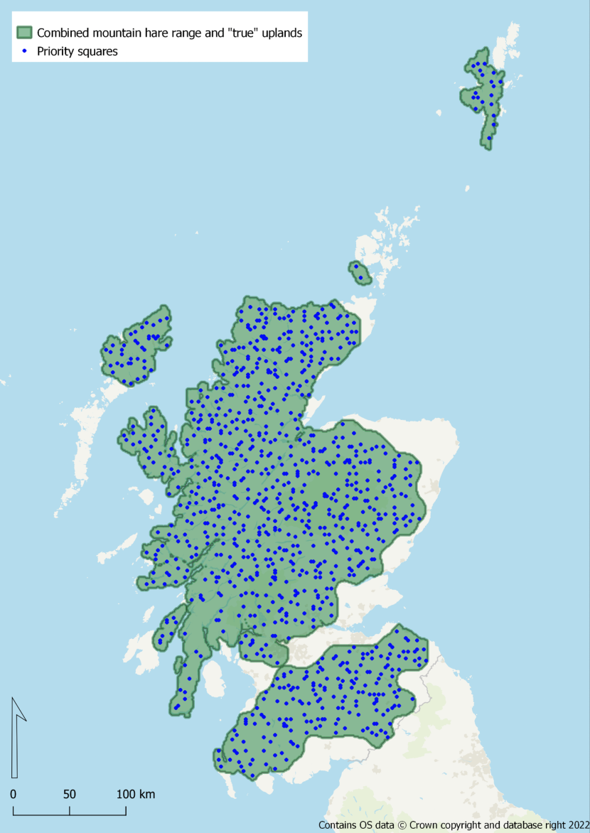 Map showing the distribution of priority hare squares in Scotland
