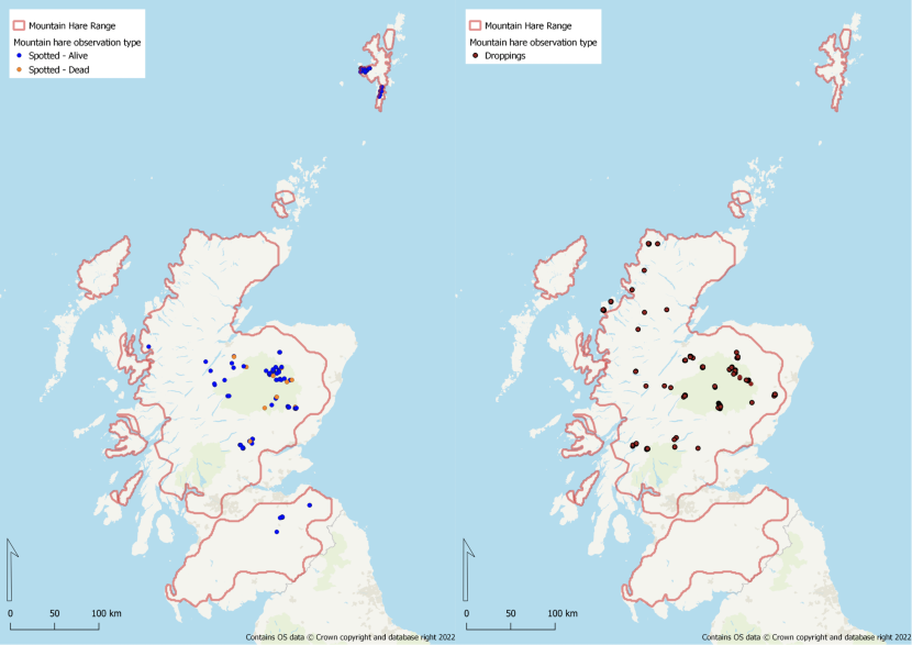 Two maps showing the distribution of mountain hare records by sighting type