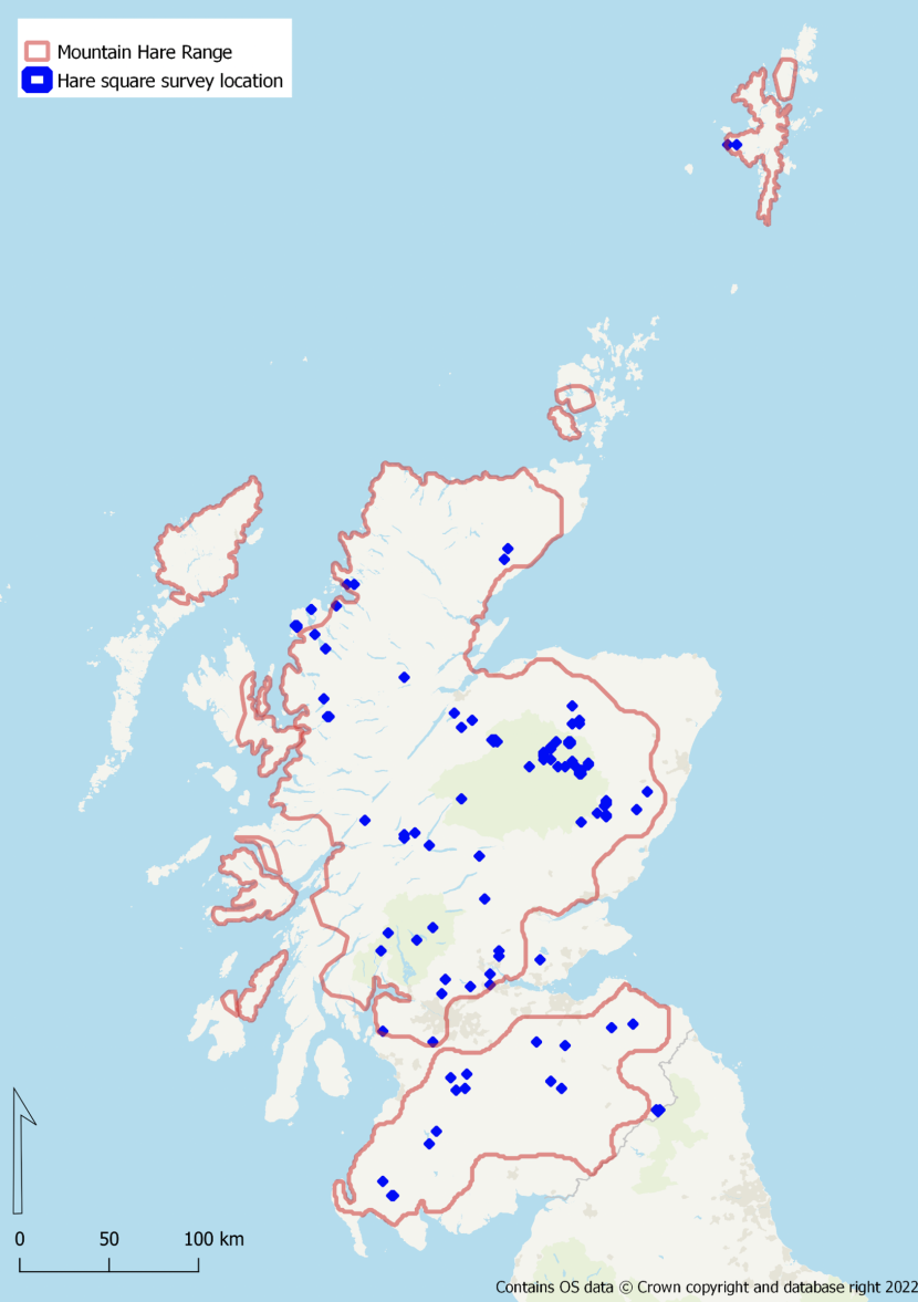 Map showing the coverage of mountain Hare Square surveys from the VMHS in 2021 