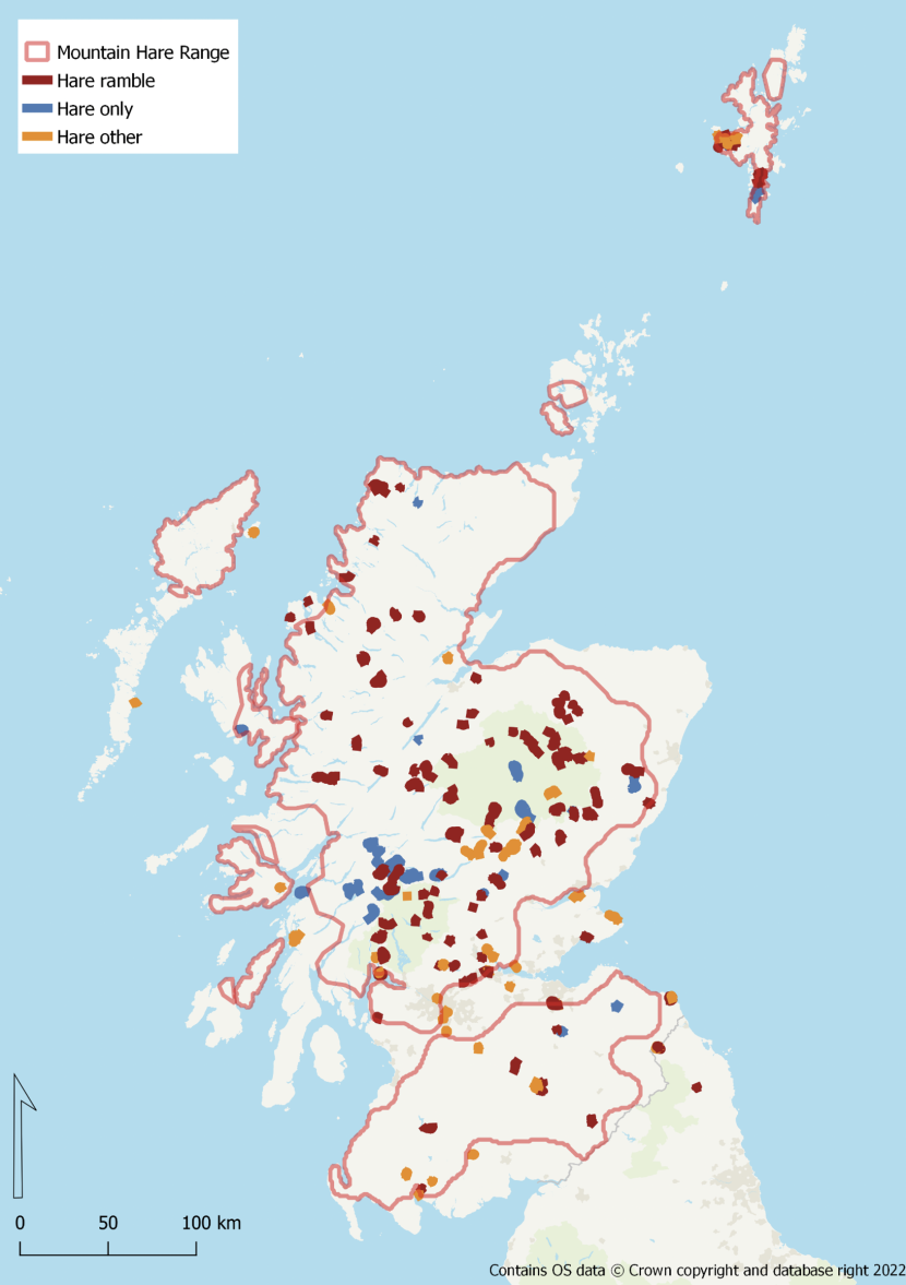 Map showing the coverage of mountain Hare Ramble, only and other surveys from the VMHS in 2021