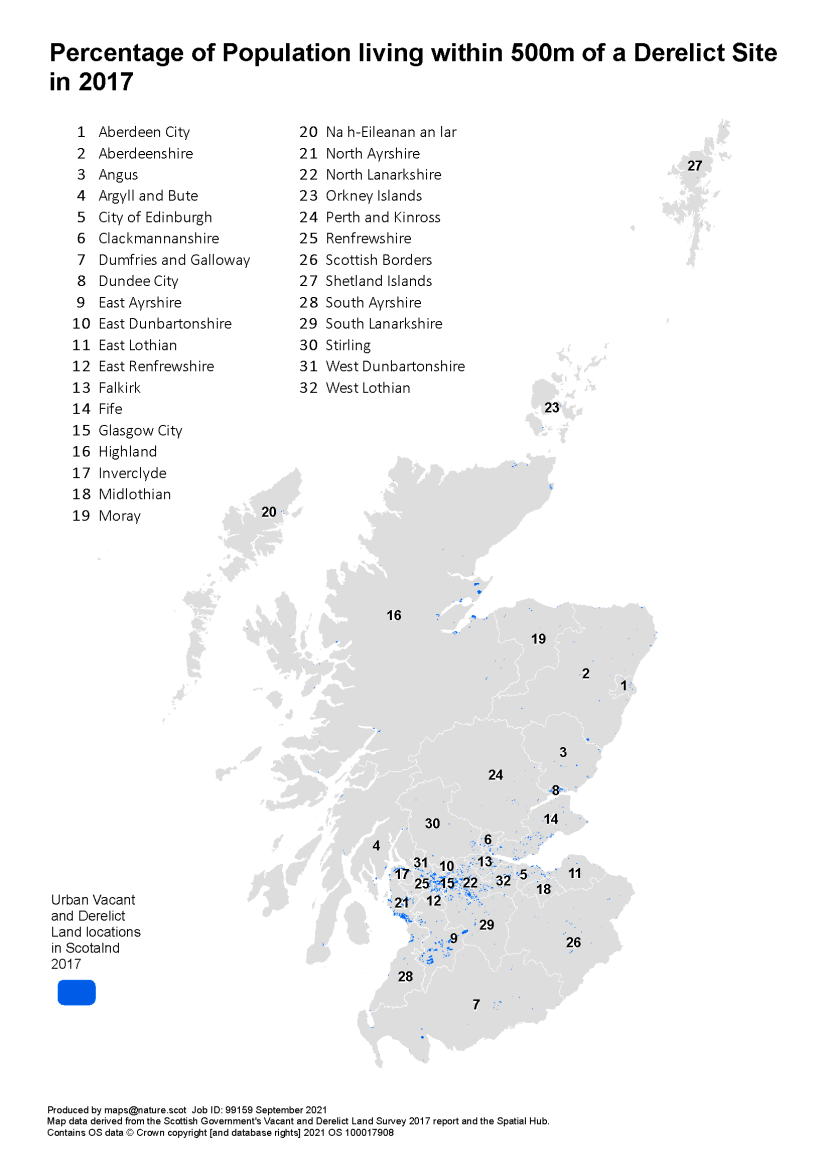 Map of Scotland showing urban vacant and derelict land locations in Scotland in 2017.  The map shows local authority boundaries.  The map shows that most urban and vacant derelict land locations are within the central belt of Scotland.