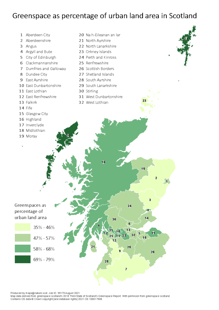 Map of Scotland with local authority boundaries marked.  Each local authority is colour coded depending on the percentage range of greenspaces they have as a percentage of their urban land area.  Percentage ranges are 35 to 46, 47 to 57, 58 to 68 and 69 to 79 percent.