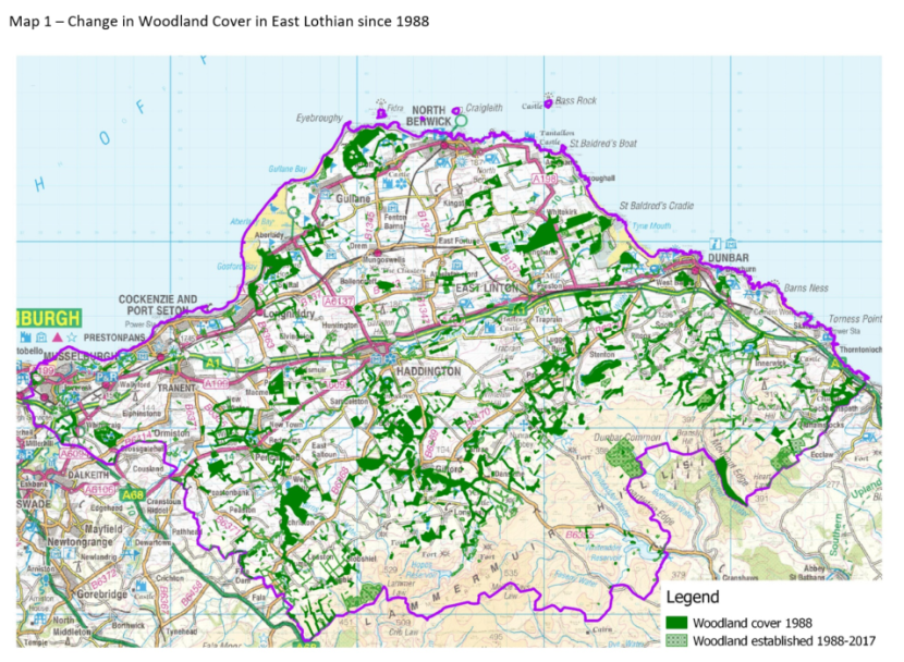 Map highlighting Change in Woodland Cover in East Lothian since 1988