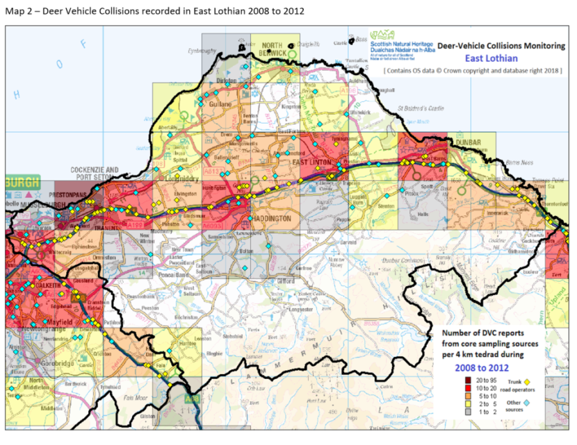Map highlighting deer vehicle collisions recorded in East Lothian 2008 to 2012