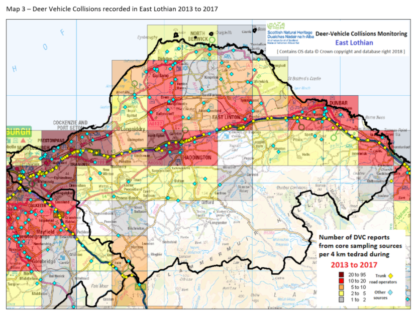 Map highlighting deer vehicle collisions recorded in East Lothian 2013 to 2017
