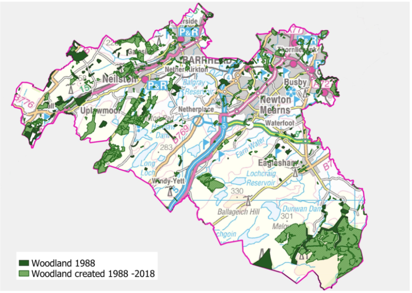 Map 1 - Change in Woodland Cover in East Renfrewshire 1988-2018