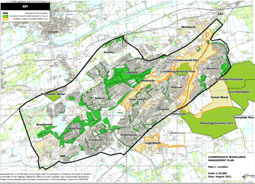 Map showing  Cumbernauld Woodlands Management Plan