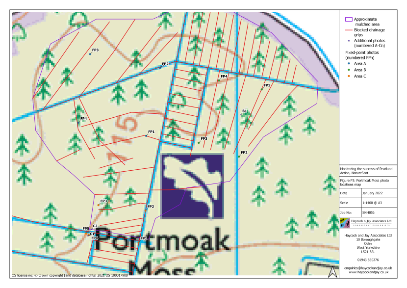 The location of fixed-point photos and additional photos at Portmoak Moss at Area A, B and C, where scrub and brash was mulched, ridges and furrows reprofiled and dams installed.