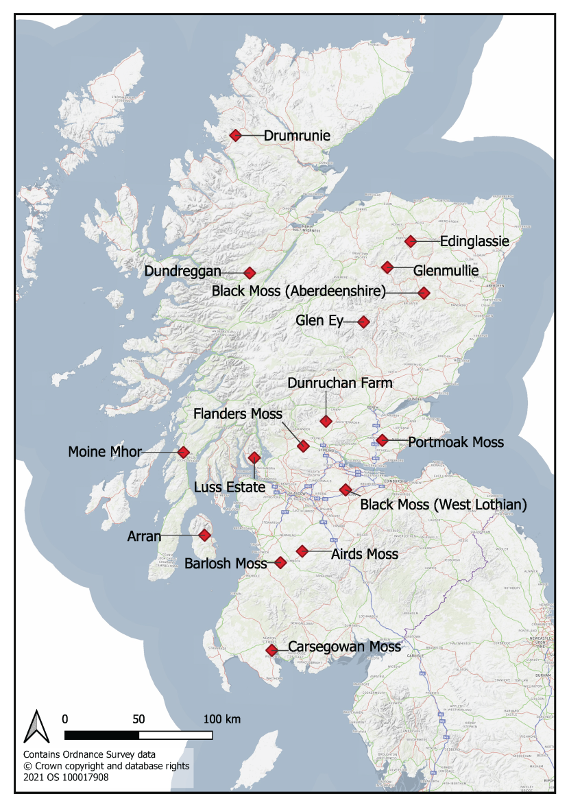 Map of Scotland showing the sites monitored during 2014 and 2015