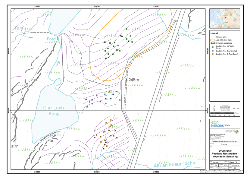 Map of Drumrunie showing the locations of the vegetation survey quadrats and drainage grips