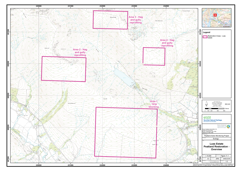 Map of Luss estate showing four areas of potential peatland restoration