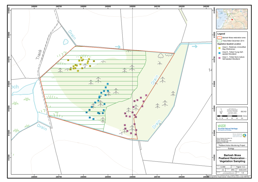 Map of the peatland restoration area at Barlosh Moss showing the locations of the vegetation survey quadrats