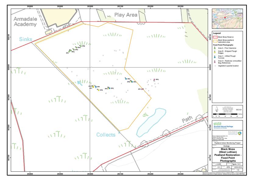 Map of Black Moss (West Lothian) showing the fixed point photography locations and the peatland restoration area