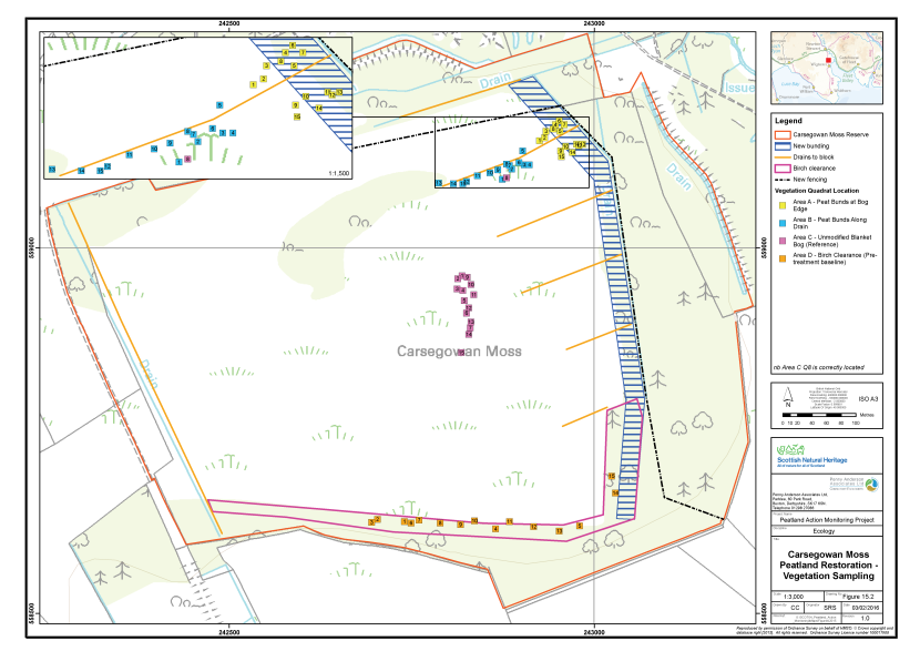 Map of Carsegowan Moss showing the locations of the vegetation survey quadrats and the peatland restoration features