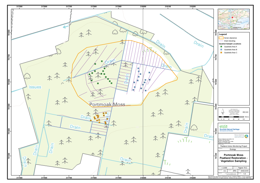 Map of Portmoak Moss showing the locations of the vegetation survey quadrats, drainage grips and an area of scrub clearance