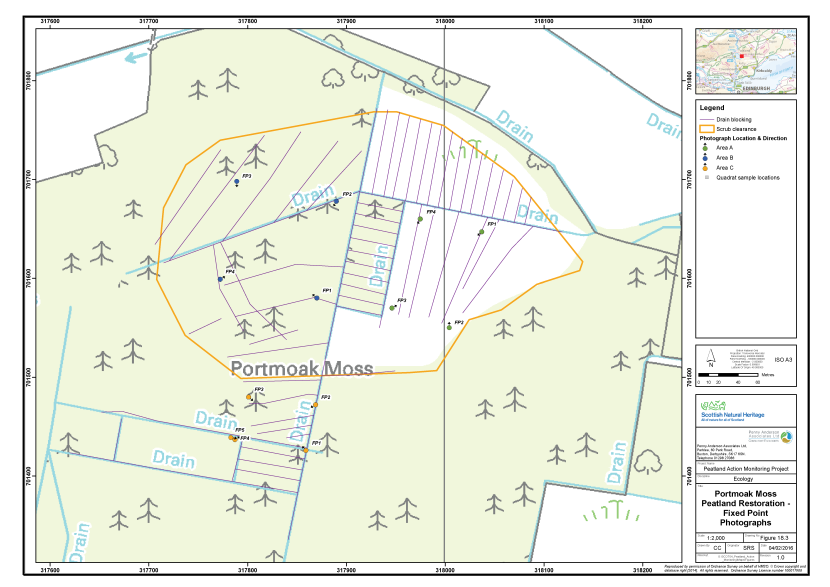 Map of Portmoak Moss showing the fixed point photography locations and drainage grips
