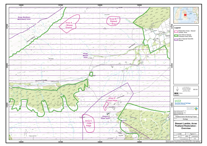 Map of West Glensherraig and A'Chruach, Arran showing the restoration areas and designated areas