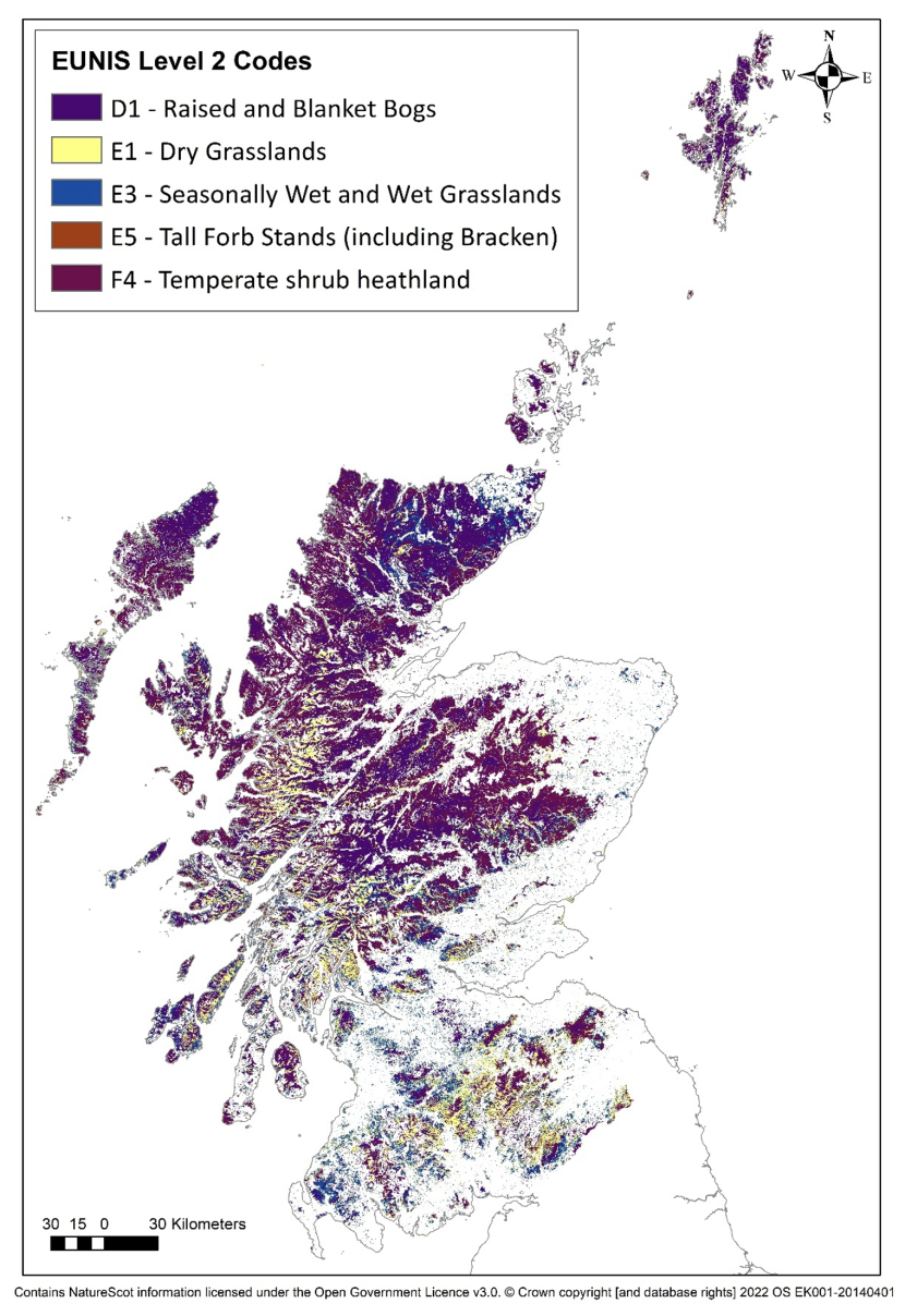 Map of Scotland showing main moorland habitat types