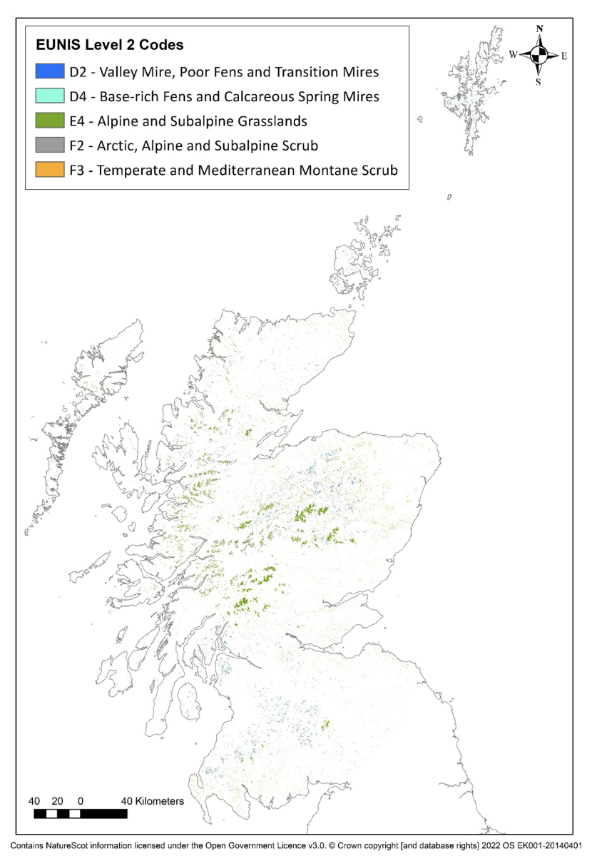Map of Scotland showing other moorland, alpine and sub-alpine habitat types