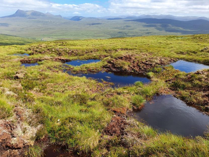View of peat dams and pool network at Lochrosque a NatureScot Peatland ACTION restoration site.