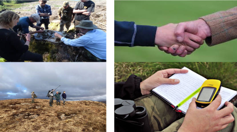 4 images; people looking at remains, shaking hands, people on moorland, sitting with notebook