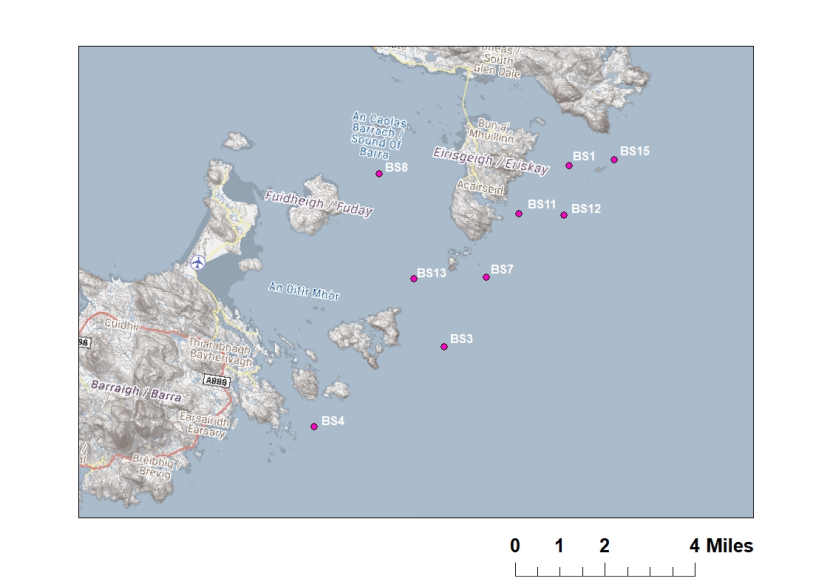 Map of the Sound of Barra showing maerl bed sampling locations (pink points) where infaunal data was obtained from. 