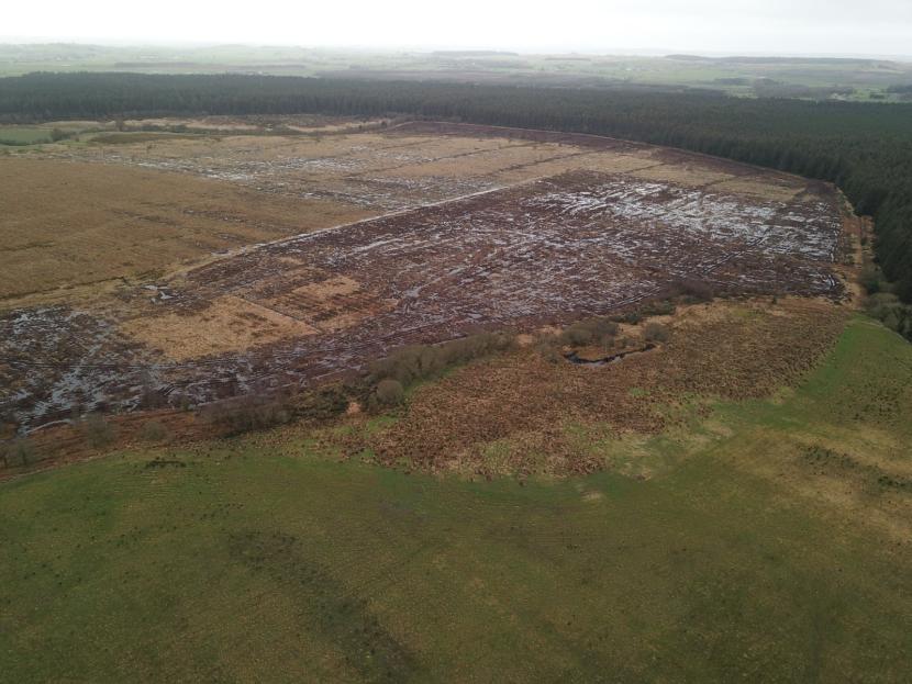 Aerial image of Moss of Cree a NatureScot Peatland ACTION restoration site. Image shows the site after the ground smoothing work was completed.