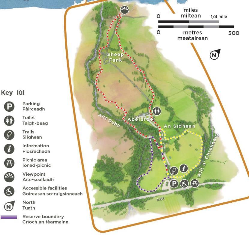 Gaelic version of Visit Creag Meagaidh National Nature Reserve map with key