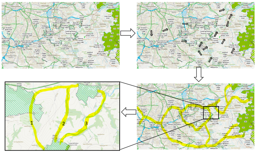 Four maps showing the steps of mapping current and potential nature networks between protected areas