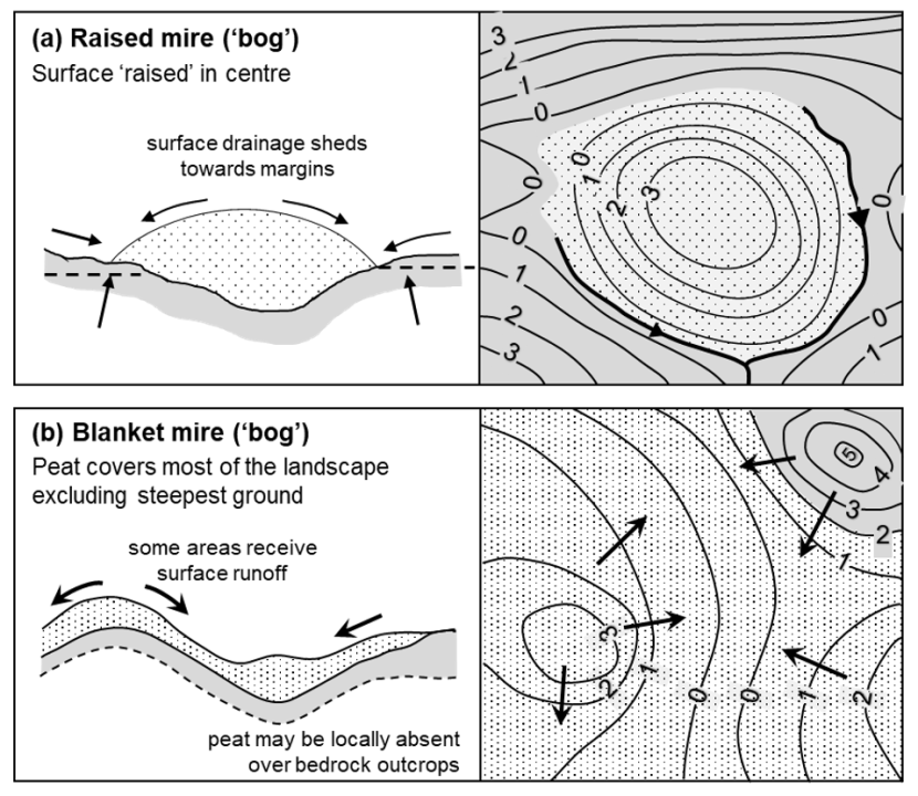 Diagram showing raised bog and blanket bog hydro-topographical models (Evans and Warburton, 2007). 