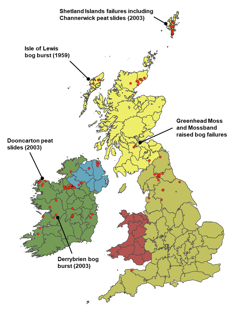 Map showing the distribution of peat landslides in the British Isles, and showing the locations of peat landslides frequently referred to later in this report.
