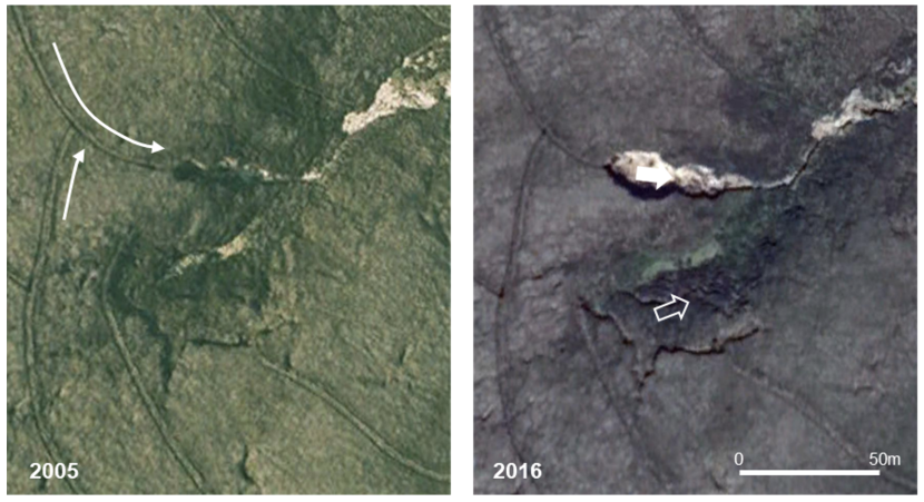 Aerial images of 2 distinct phases of peaty debris slope failure, associated with peat drainage on Tulchan Estate illustrated by images from 2005 and 2016.
