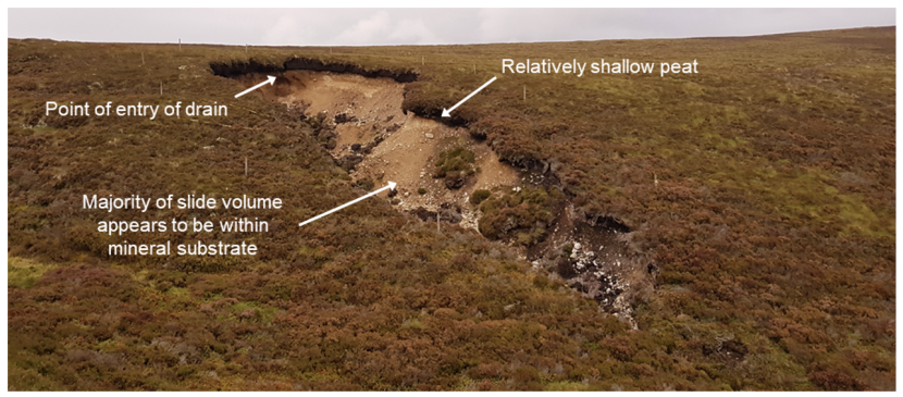 Image showing a peaty debris slide at the head of a gully, immediately below converging restored drains. The failure pre-dates the restoration.