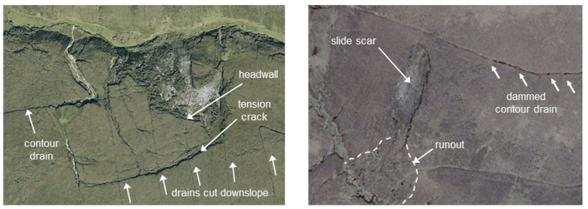 Aerial images of two peat slides within the Welbeck Estate. 