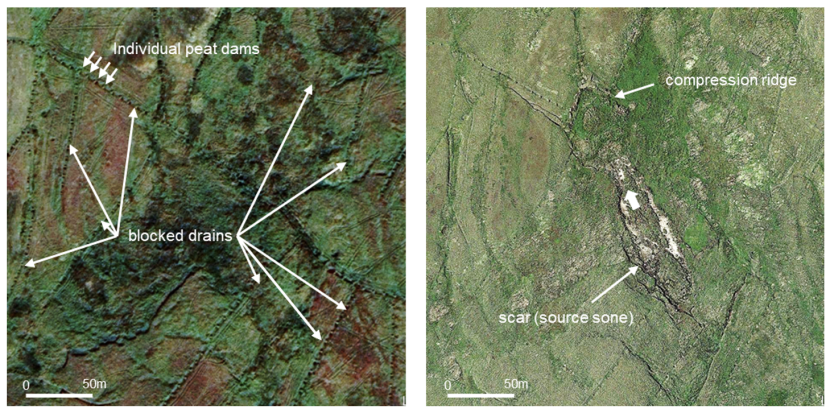 Aerial images of Coverdale peat landslide, occurring in an area that had previously had drains blocked). 
