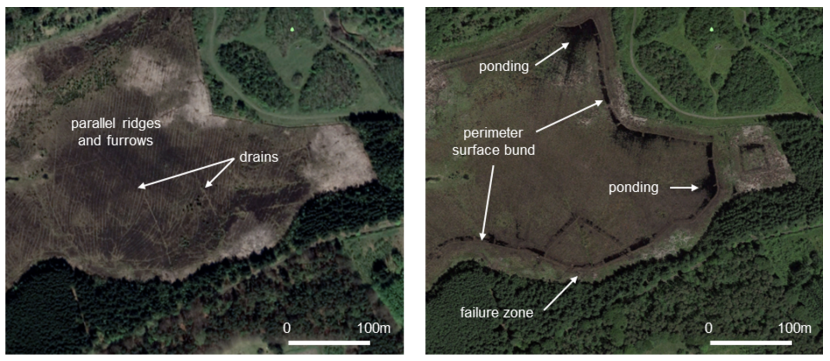 Images showing Mossband lowland raised bog, pre and post restoration.