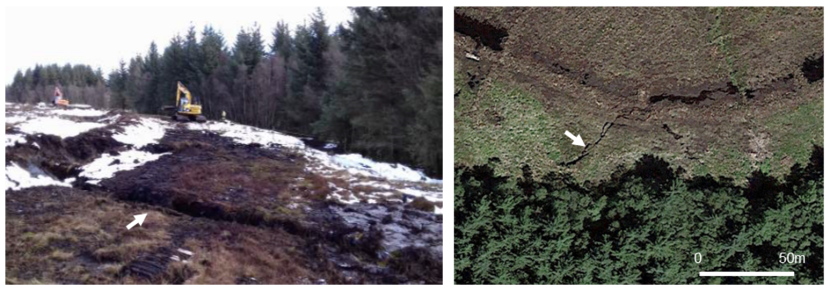 Photograph of margin failure from the ground (left) and from satellite imagery (right). 
