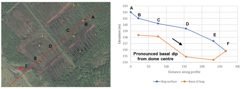 Image (left) showing surface contours, peat depths and failure location on Greenhead Moss. The graph (right) shows the bog’s surface and basal profile. 