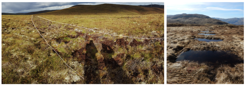 Images showing drain reprofiling technique ‘after’ effect. Left is a traditionally reprofiled ditch in blanket bog, to the right is wave damming. 