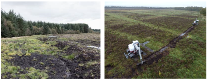 Images showing the surface part of a trench bund at Mossband (left), and excavators preparing a trench bund at Flanders Moss to the right (Pickett, 2018).