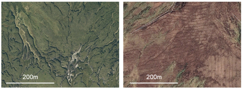 Images showing heavily gullied peatland (left) and heavily drained peatland (right).