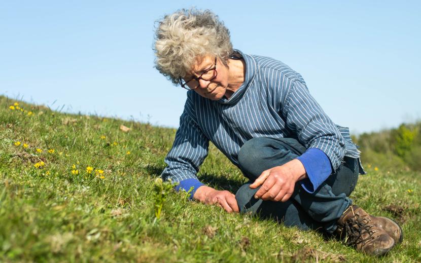 Denise Walton sitting down in field looking at flowers. 