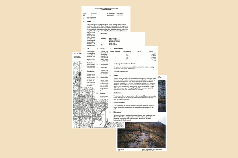 Different pages of the Cobbler Path assessment including a map and photos